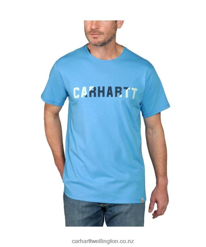 Men Force Relaxed Fit Midweight Short-Sleeve Block Logo Graphic T-Shirt Carhartt R6J0P133 Azure Blue