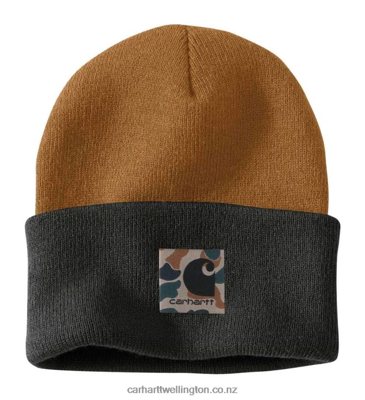 Men Knit Camo Patch Beanie Carhartt R6J0P96 Carhartt Brown