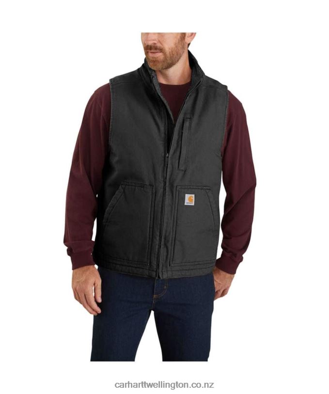 Men Loose Fit Washed Duck Sherpa-Lined Mock-Neck Vest Carhartt R6J0P107 Black