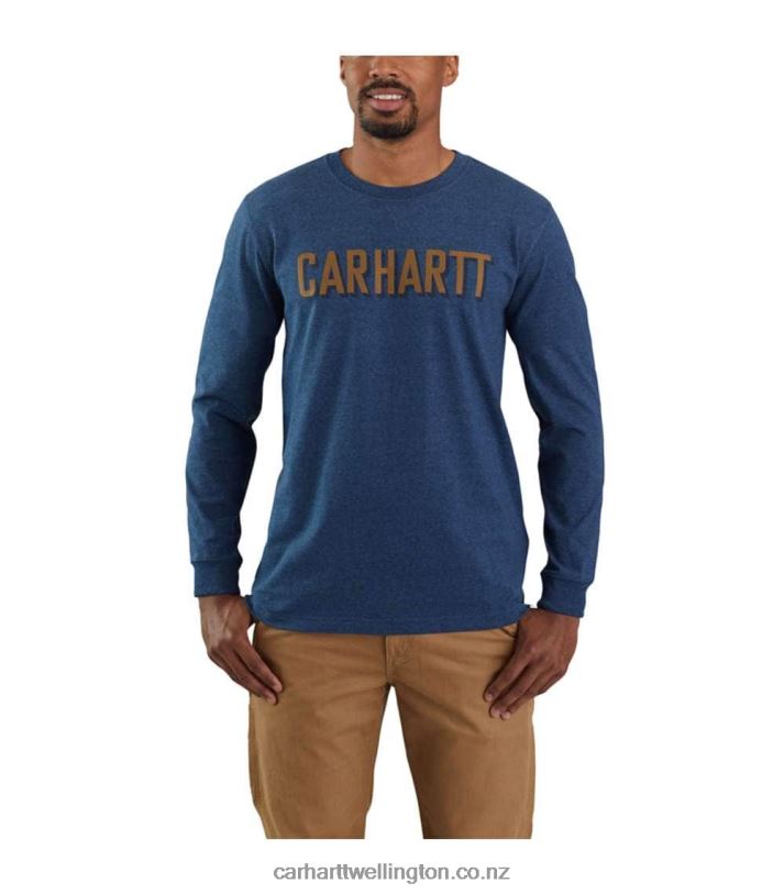 Men Relaxed Fit Heavyweight Long-Sleeve Block Logo Graphic T-Shirt Carhartt R6J0P142 Dark Cobalt Blue Heather