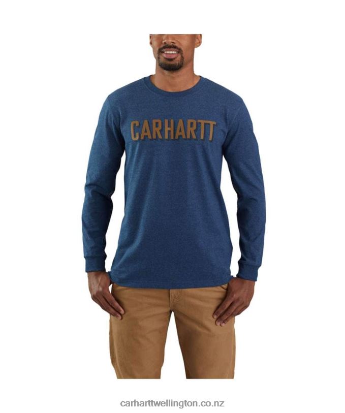 Men Relaxed Fit Heavyweight Long-Sleeve Block Logo Graphic T-Shirt Carhartt R6J0P142 Dark Cobalt Blue Heather