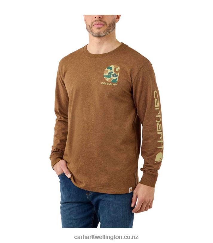 Men Relaxed Fit Heavyweight Long-Sleeve Camo Logo Graphic T-Shirt Carhartt R6J0P141 Oiled Walnut Heather