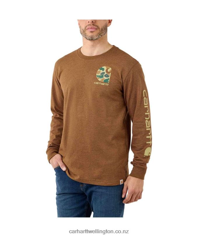 Men Relaxed Fit Heavyweight Long-Sleeve Camo Logo Graphic T-Shirt Carhartt R6J0P141 Oiled Walnut Heather