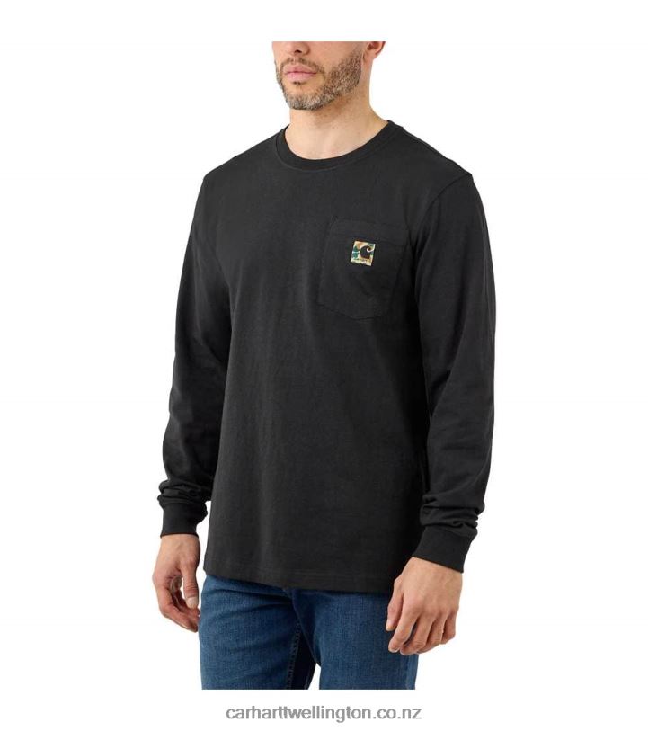 Men Relaxed Fit Heavyweight Long-Sleeve Pocket Camo C Graphic T-Shirt Carhartt R6J0P129 Black