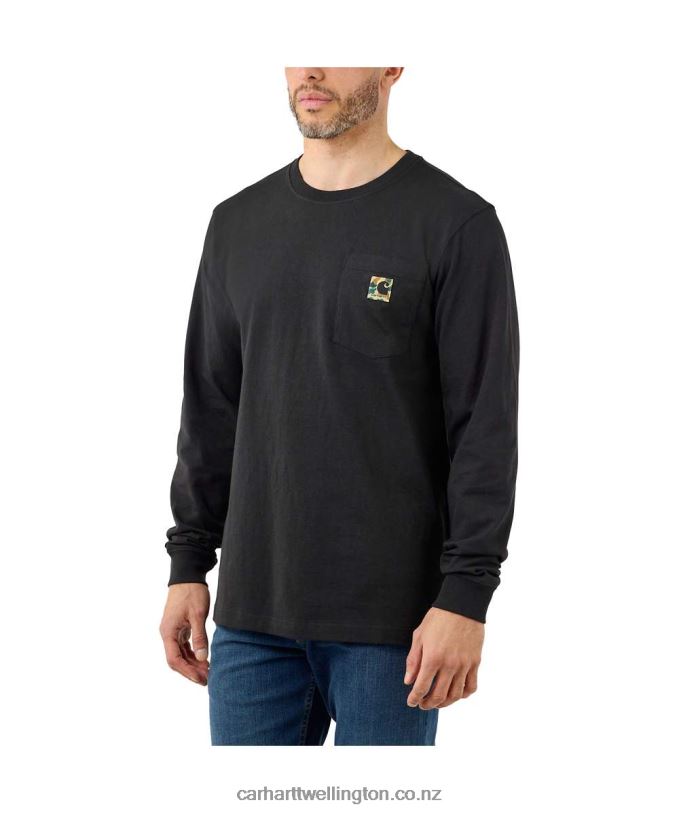 Men Relaxed Fit Heavyweight Long-Sleeve Pocket Camo C Graphic T-Shirt Carhartt R6J0P129 Black