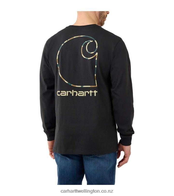 Men Relaxed Fit Heavyweight Long-Sleeve Pocket Camo C Graphic T-Shirt Carhartt R6J0P129 Black