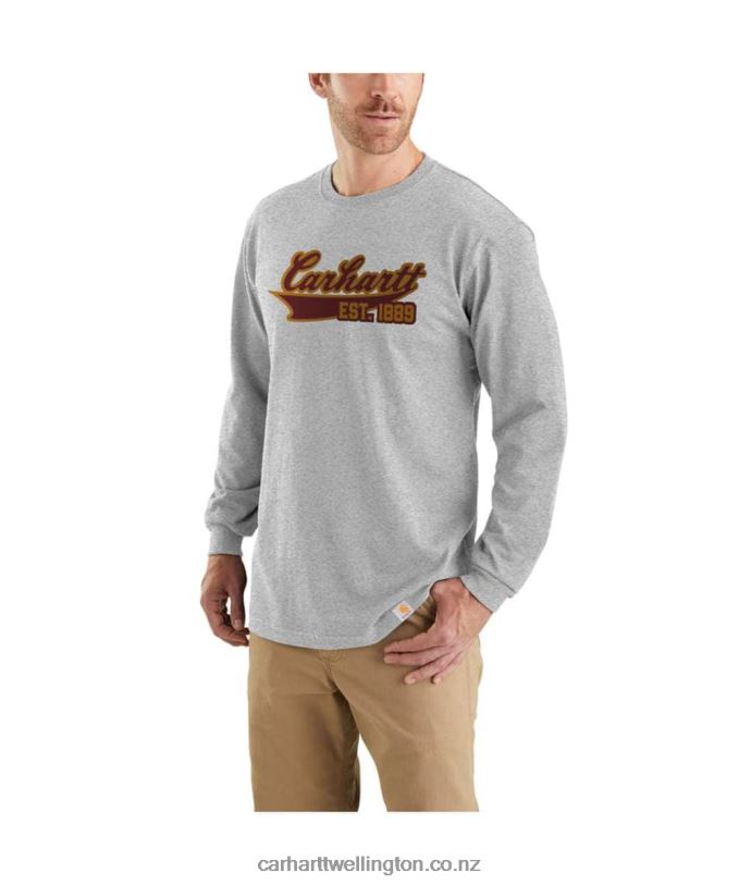 Men Relaxed Fit Heavyweight Long-Sleeve Script Graphic T-Shirt Carhartt R6J0P143 Heather Grey