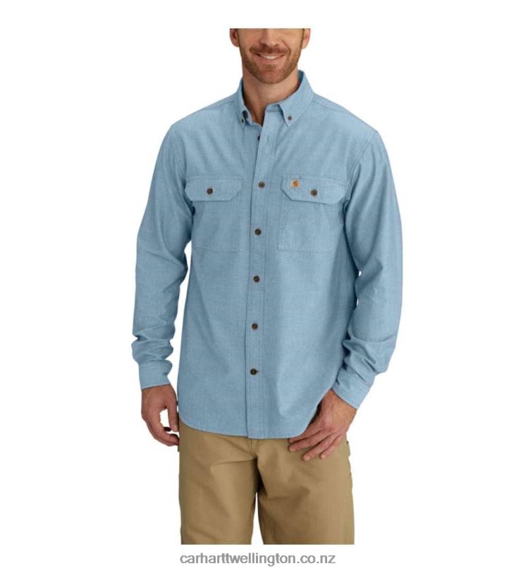 Men Relaxed Fit Midweight Chambray Long-Sleeve Shirt Carhartt R6J0P111 Blue Chambray
