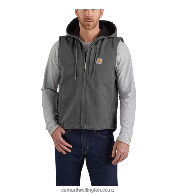 Men Relaxed Fit Washed Duck Fleece-Lined Hooded Vest Carhartt R6J0P106 Black