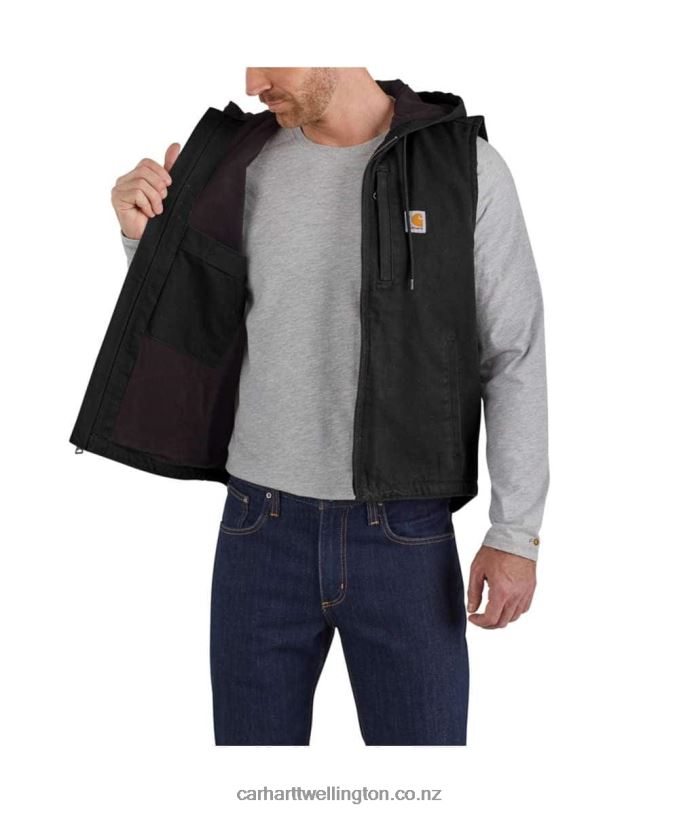 Men Relaxed Fit Washed Duck Fleece-Lined Hooded Vest Carhartt R6J0P106 Black
