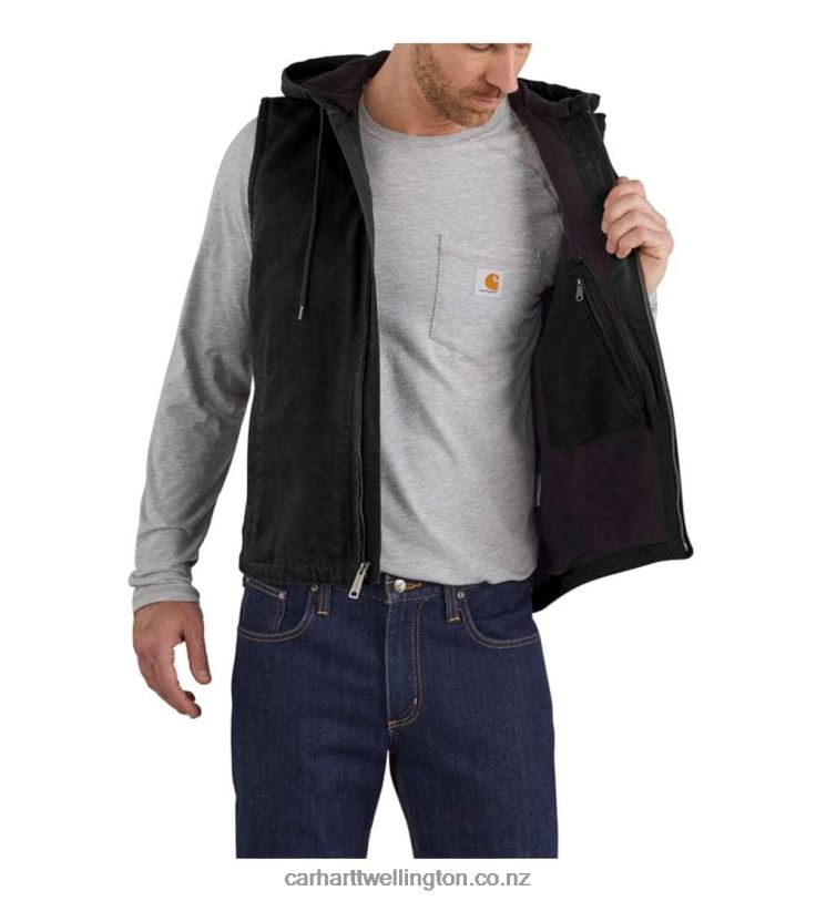 Men Relaxed Fit Washed Duck Fleece-Lined Hooded Vest Carhartt R6J0P106 Black