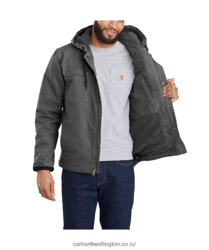Men Relaxed Fit Washed Duck Sherpa-Lined Utility Jacket Carhartt R6J0P14 Black