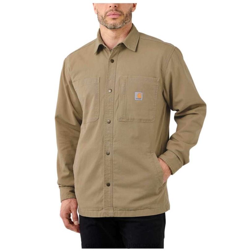 Men Rugged Flex Relaxed Fit Canvas Fleece-Lined Snap-Front Shirt Jac Carhartt R6J0P28 Black