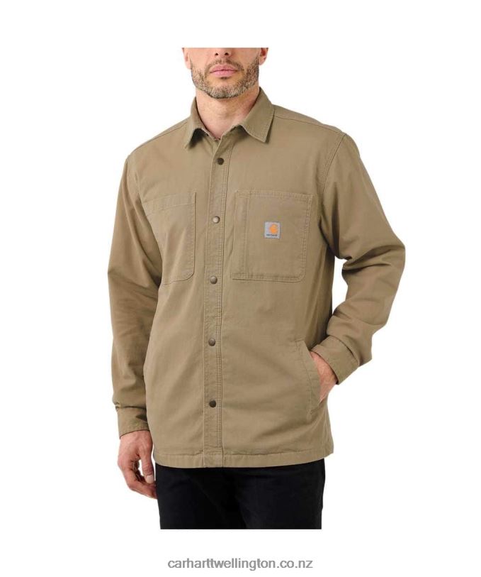 Men Rugged Flex Relaxed Fit Canvas Fleece-Lined Snap-Front Shirt Jac Carhartt R6J0P28 Black