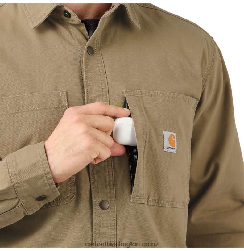 Men Rugged Flex Relaxed Fit Canvas Fleece-Lined Snap-Front Shirt Jac Carhartt R6J0P28 Black