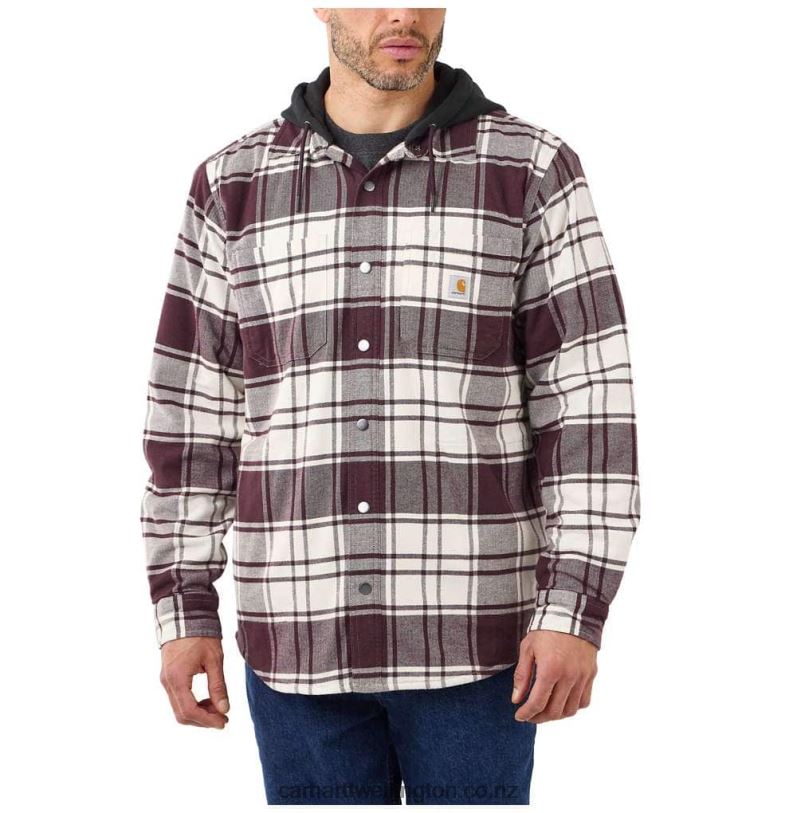Men Rugged Flex Relaxed Fit Flannel Fleece Lined Hooded Shirt Jac Carhartt R6J0P21 Elm