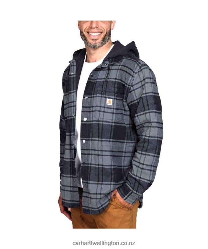 Men Rugged Flex Relaxed Fit Flannel Fleece Lined Hooded Shirt Jac Carhartt R6J0P21 Elm