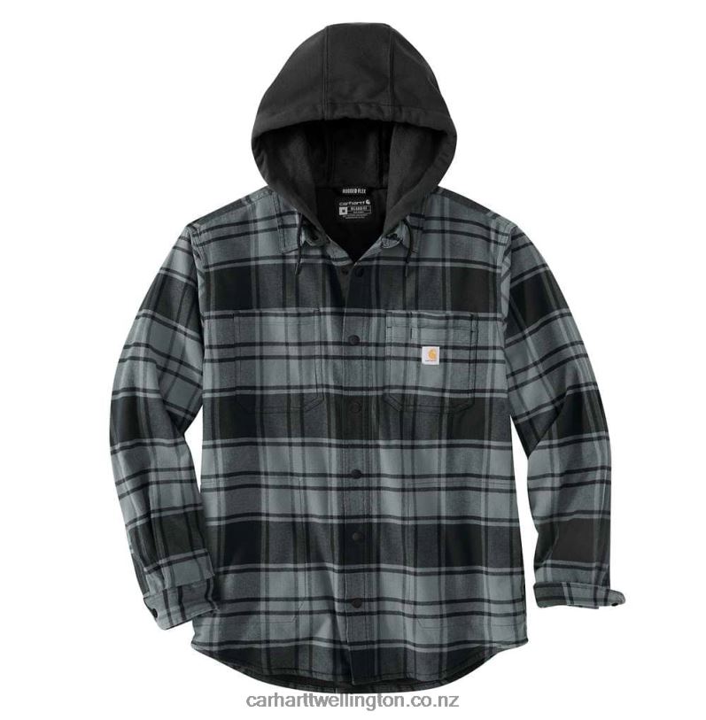 Men Rugged Flex Relaxed Fit Flannel Fleece Lined Hooded Shirt Jac Carhartt R6J0P21 Elm