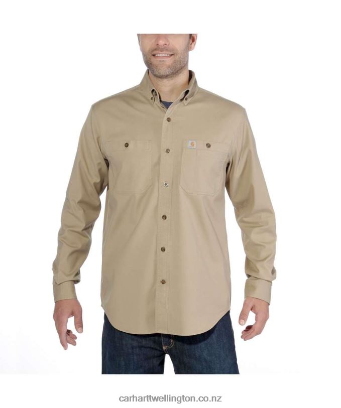 Men Rugged Flex Relaxed Fit Midweight Canvas Long-Sleeve Shirt Carhartt R6J0P115 Dark Khaki