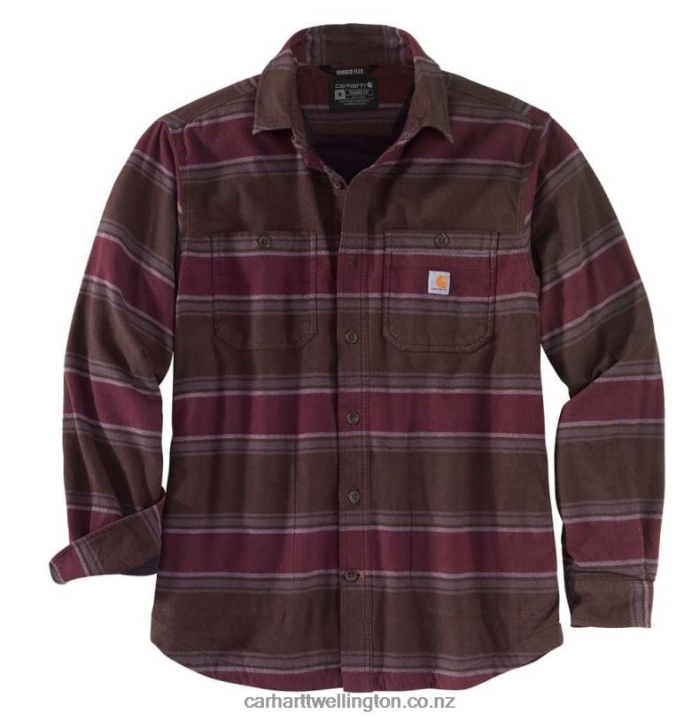Men Rugged Flex Relaxed Fit Midweight Flannel Fleece-Lined Shirt Carhartt R6J0P30 Dark Brown Stripe
