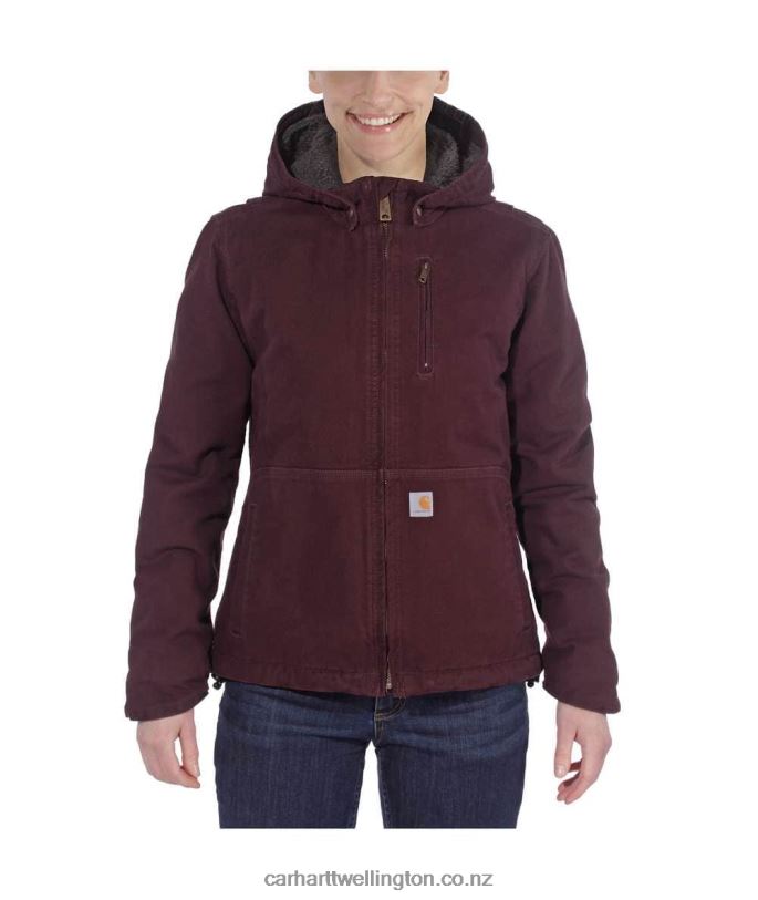 Women Full Swing Loose Fit Washed Duck Sherpa-Lined Jacket Carhartt R6J0P188 Deep Wine/Shadow
