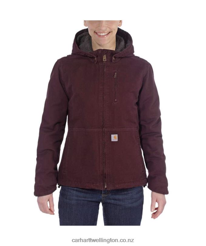Women Full Swing Loose Fit Washed Duck Sherpa-Lined Jacket Carhartt R6J0P188 Deep Wine/Shadow