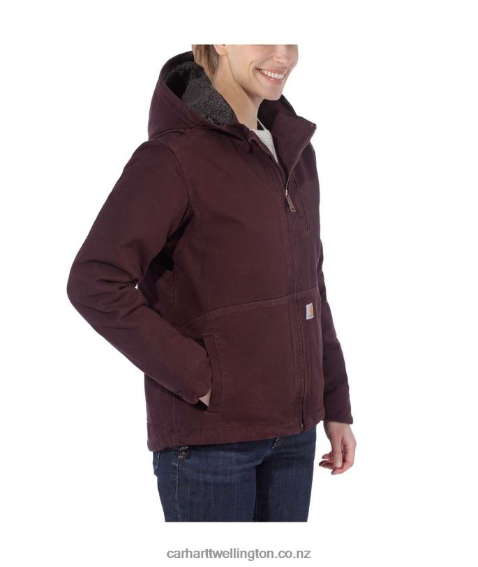 Women Full Swing Loose Fit Washed Duck Sherpa-Lined Jacket Carhartt R6J0P188 Deep Wine/Shadow