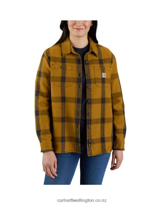 Women Loose Fit Heavyweight Twill Long-Sleeve Plaid Shirt Carhartt R6J0P248 Carhartt Brown
