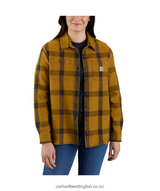 Women Loose Fit Heavyweight Twill Long-Sleeve Plaid Shirt Carhartt R6J0P248 Carhartt Brown
