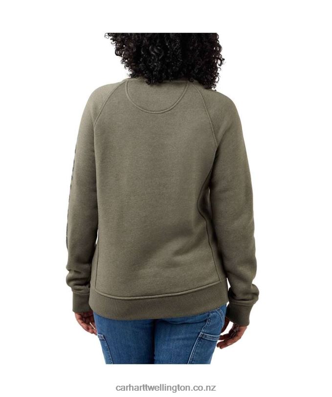Women Relaxed Fit Midweight Crewneck Block Logo Sleeve Graphic Sweatshirt Carhartt R6J0P210 Asphalt Heather Nep