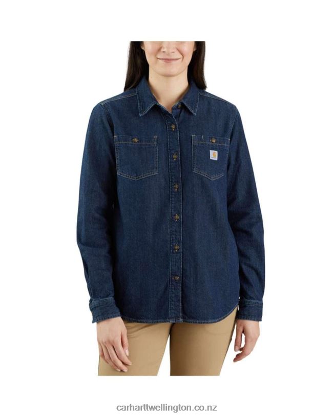 Women Relaxed Fit Midweight Denim Long-Sleeve Shirt Carhartt R6J0P247 Zion