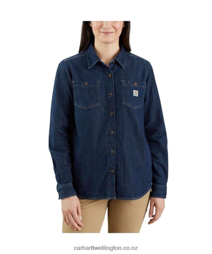 Women Relaxed Fit Midweight Denim Long-Sleeve Shirt Carhartt R6J0P247 Zion