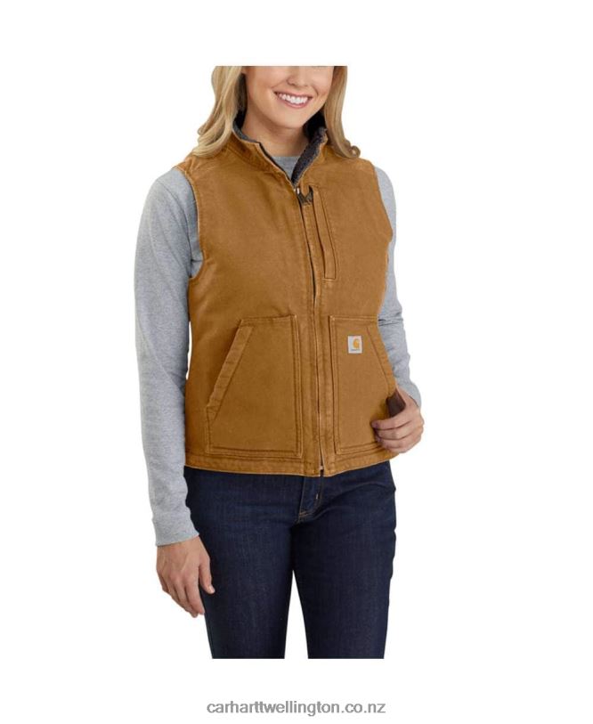 Women Relaxed Fit Washed Duck Sherpa Lined Mock Neck Vest Carhartt R6J0P222 Carhartt Brown