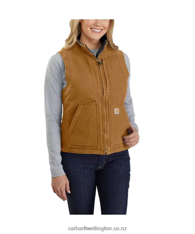 Women Relaxed Fit Washed Duck Sherpa Lined Mock Neck Vest Carhartt R6J0P222 Carhartt Brown