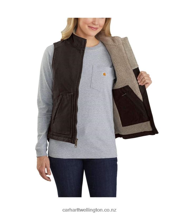 Women Relaxed Fit Washed Duck Sherpa Lined Mock Neck Vest Carhartt R6J0P222 Carhartt Brown