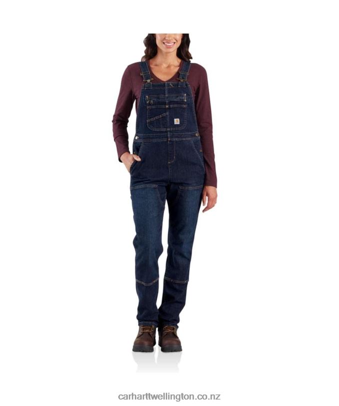 Women Rugged Flex Denim Double Front Bib Overalls Carhartt R6J0P219 Midnight Sky