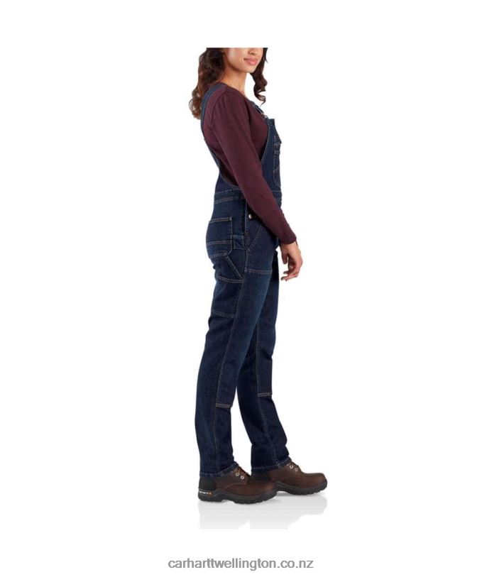 Women Rugged Flex Denim Double Front Bib Overalls Carhartt R6J0P219 Midnight Sky