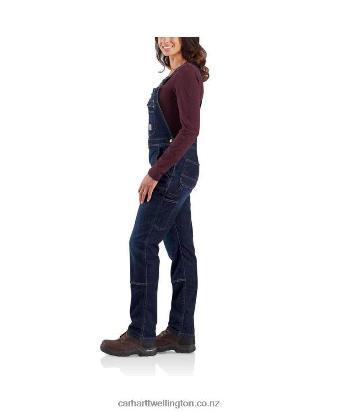 Women Rugged Flex Denim Double Front Bib Overalls Carhartt R6J0P219 Midnight Sky