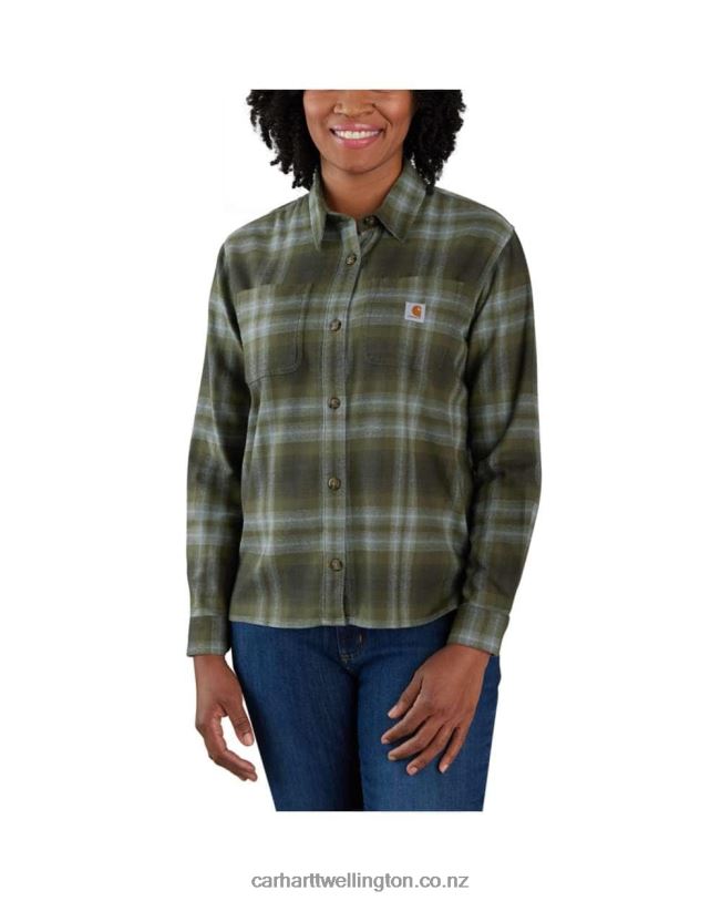 Women Rugged Flex Loose Fit Midweight Flannel Long-Sleeve Plaid Shirt Carhartt R6J0P249 Basil