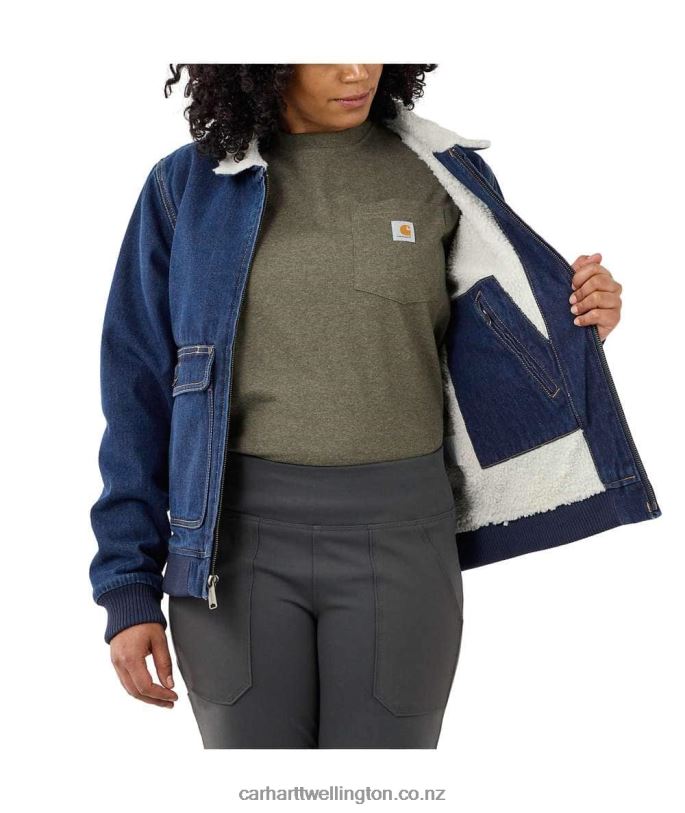 Women Rugged Flex Relaxed Fit Denim Sherpa-Lined Jacket Carhartt R6J0P187 Beech