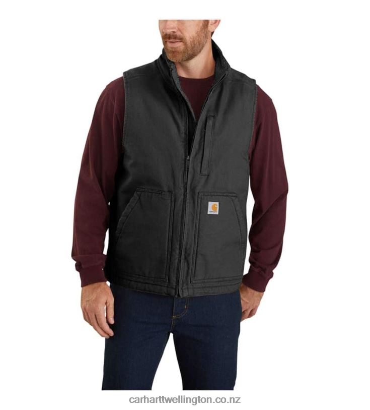 Men Loose Fit Washed Duck Sherpa-Lined Mock-Neck Vest Carhartt R6J0P107 Black