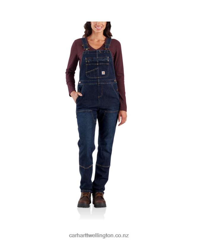 Women Rugged Flex Denim Double Front Bib Overalls Carhartt R6J0P219 Midnight Sky